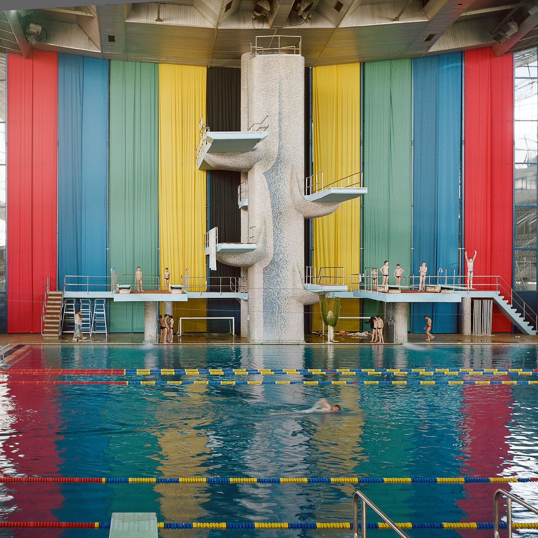 Interior of a swimming pool at Moscow Olympiysky Sports Complex. The sports complex completed in 1980 remains the largest stadium in Europe. During Moscow Olympics it hosted tournaments in 22 different disciplines. Currently, apart from being used for sports and musical venues, it hosts offices, bars, clothes market.