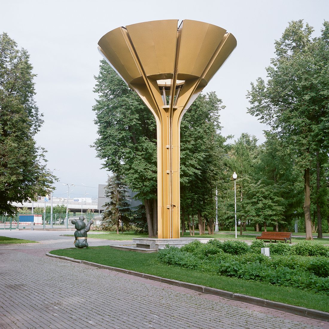 Olympic flame bowl from Grand Arena of Central Lenin Stadium and Misha bear cub, 1980 Summer Olympics mascot installed as a monument in Luzhniki. The Grand Arena of Central Lenin Stadium in Luzhniki built in 1956 and renovated for the 1980 Olympics hosted the opening and the closing ceremonies of Moscow Olympics.