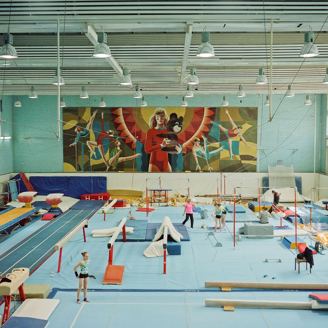Interior of a Gymnastics hall at Moscow Olympiysky Sports Complex. The sports complex completed in 1980 remains the largest stadium in Europe. During Moscow Olympics it hosted competitions in 22 different disciplines. Currently apart from being used for sports and musical venues, it hosts offices, bars, clothes market.