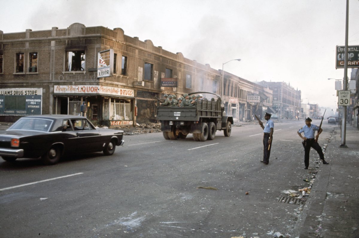Subject: Detroit street with National Guards and police during the race riots.  Detroit, Michigan 1967 Photographer- Howard Bingham Time Inc NOT Owned Merlin-1153209