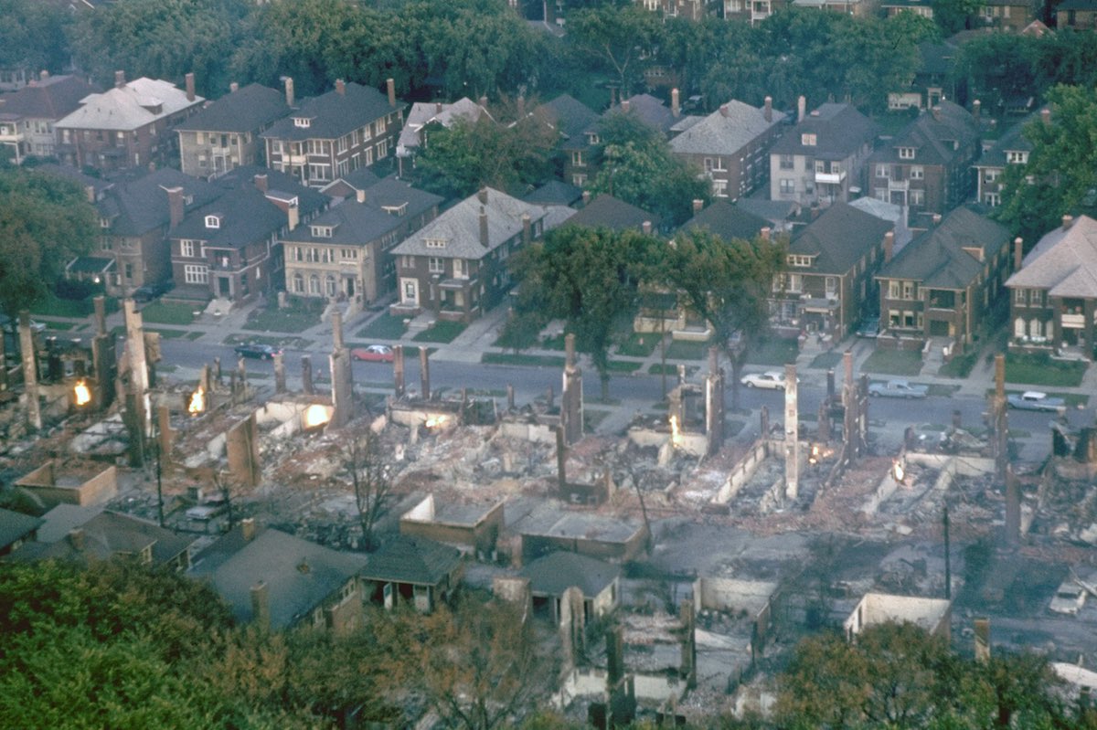 MICHIGAN, UNITED STATES - 1967:  Smoldering ruins of middle class black neighborhood, the aftermath of race riots which ravaged city after confrontation between police and African Americans following bust of illegal after hours club.  (Photo by Declan Haun/The LIFE Picture Collection/Getty Images)