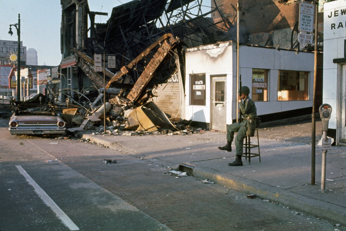 Subject: National guardsman on Detroit street during race riots. Detroit, Michigan 1967 Photographer- Howard Bingham Time Inc Not Owned Merlin-1153189