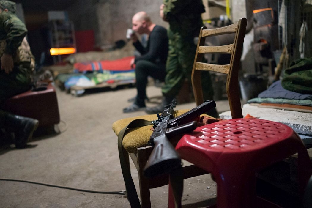 UKRAINE. Donetsk. November 24, 2014. Pro-Russian separatists of the DNR (Donetsk National Republic) using bomb shelter as living quarters in the Petrovskyi neighbourhood.