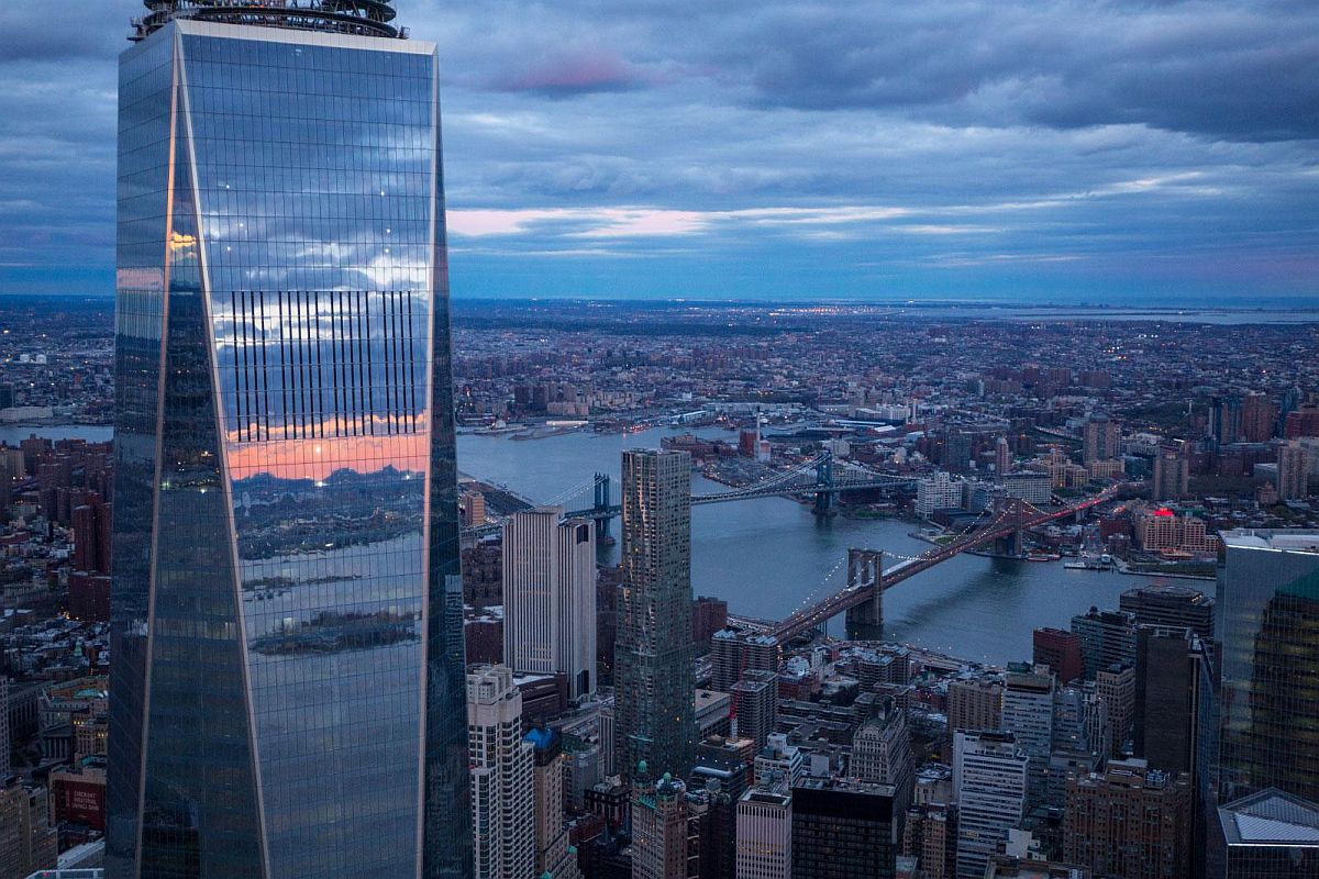 Evening view of One World Trade Center in New York City on a spring evening.